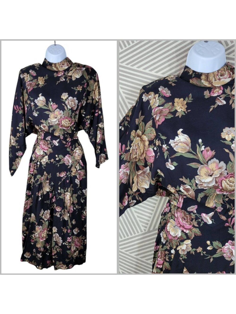 Vintage 80s Dolman Sleeve Dress Size 10/12 Medium Midi Floral Rose Pleated Skirt